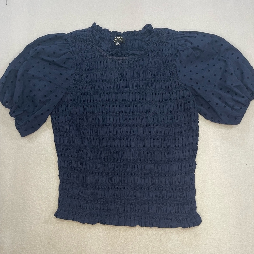 J.Crew Smocked Navy Swiss Dot Puff Sleeve Blouse XS Boho Top